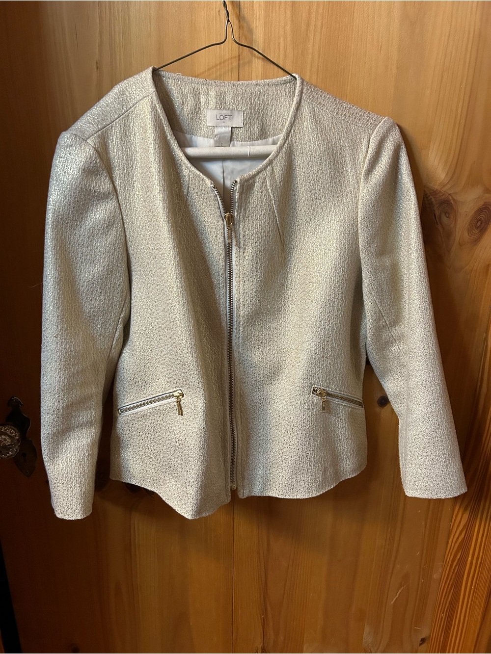 LOFT Cream Collarless Zip-Front Blazer Jacket